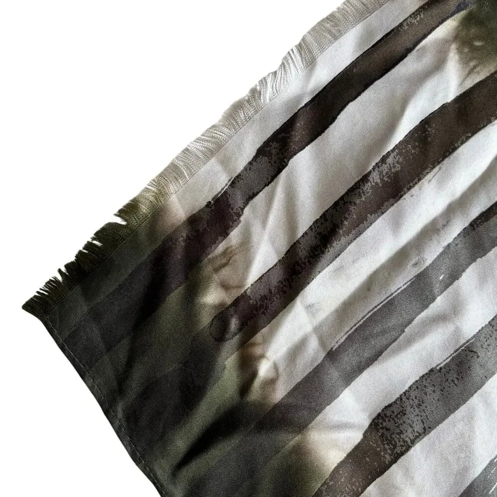 Chico’s silk scarf wrap shawl khaki green & white mod abstract stripes fringe